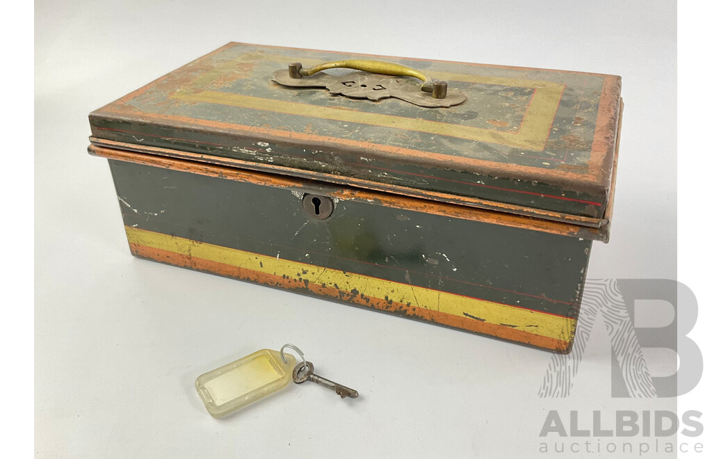 Vintage Steel Cash Box with Pin Stripes and Brass Handle