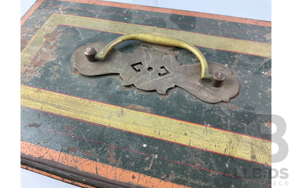 Vintage Steel Cash Box with Pin Stripes and Brass Handle