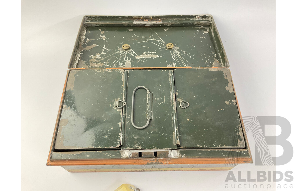 Vintage Steel Cash Box with Pin Stripes and Brass Handle