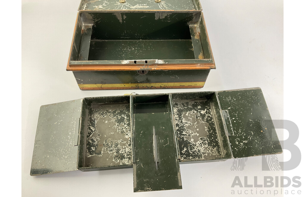 Vintage Steel Cash Box with Pin Stripes and Brass Handle