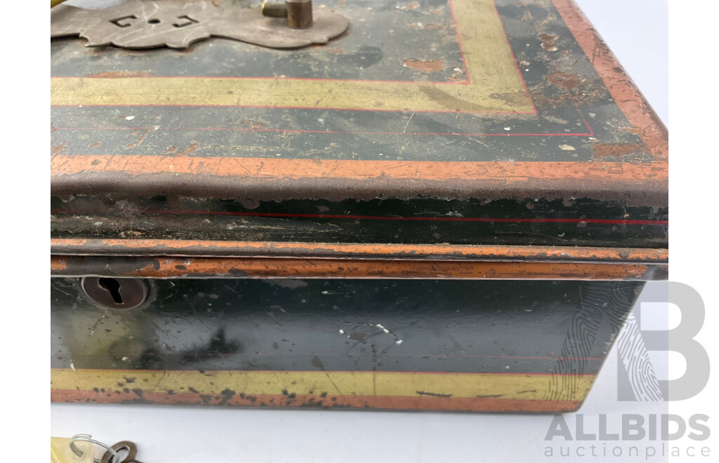 Vintage Steel Cash Box with Pin Stripes and Brass Handle