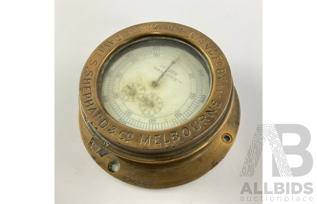 Vintage Brass Davies Shephard & Co Liquid Flow Gauge, Zero to Ten Million Gallons, Made in Australia