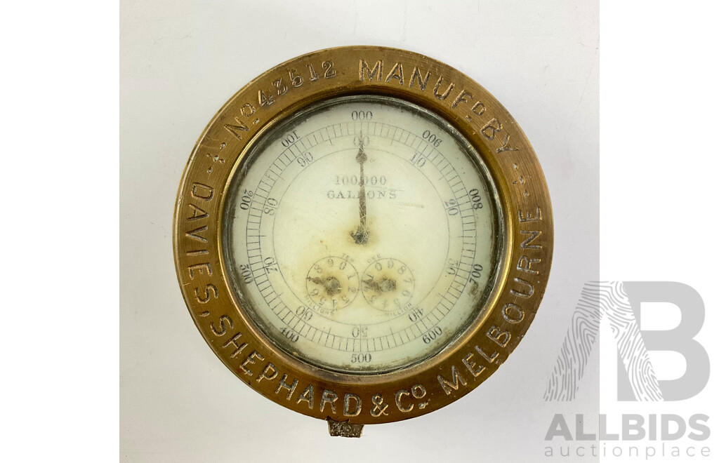 Vintage Brass Davies Shephard & Co Liquid Flow Gauge, Zero to Ten Million Gallons, Made in Australia