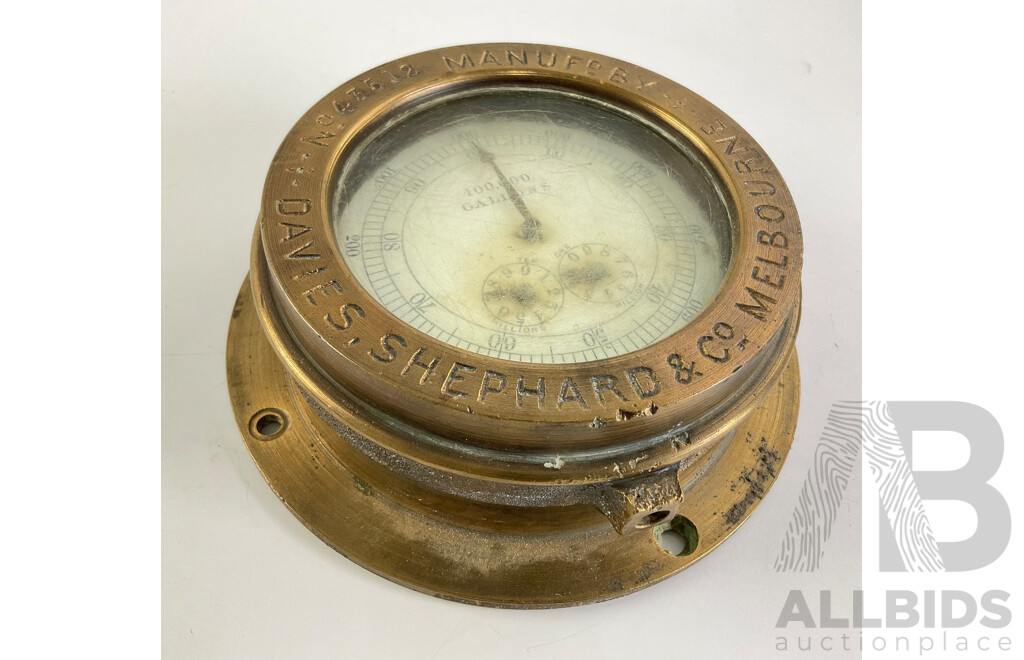 Vintage Brass Davies Shephard & Co Liquid Flow Gauge, Zero to Ten Million Gallons, Made in Australia