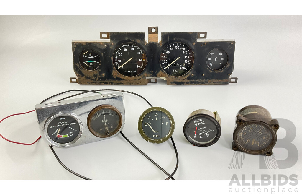 Vintage Automotive Gauges Including VDO Instrument Cluster, Tacho, Speedo, Fuel, Amps, Idiot Lights, Smiths and Schneider Vacuum