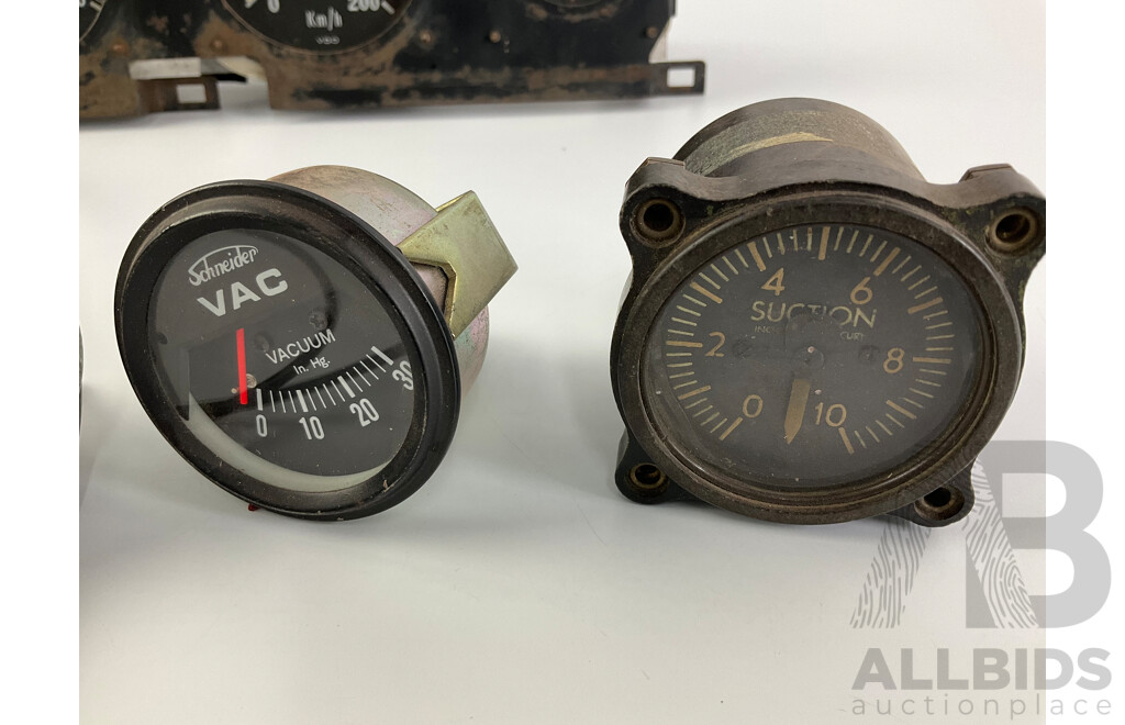 Vintage Automotive Gauges Including VDO Instrument Cluster, Tacho, Speedo, Fuel, Amps, Idiot Lights, Smiths and Schneider Vacuum