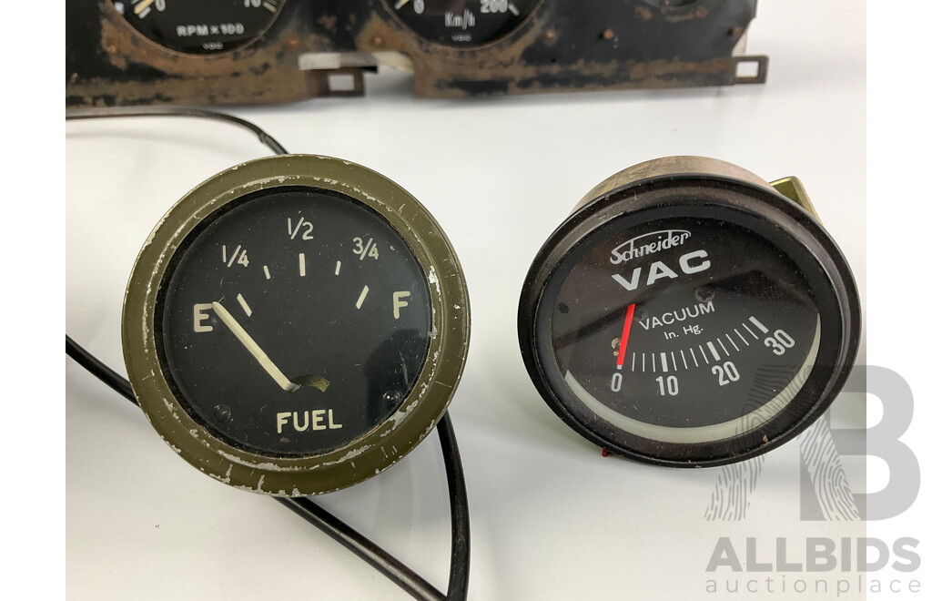 Vintage Automotive Gauges Including VDO Instrument Cluster, Tacho, Speedo, Fuel, Amps, Idiot Lights, Smiths and Schneider Vacuum
