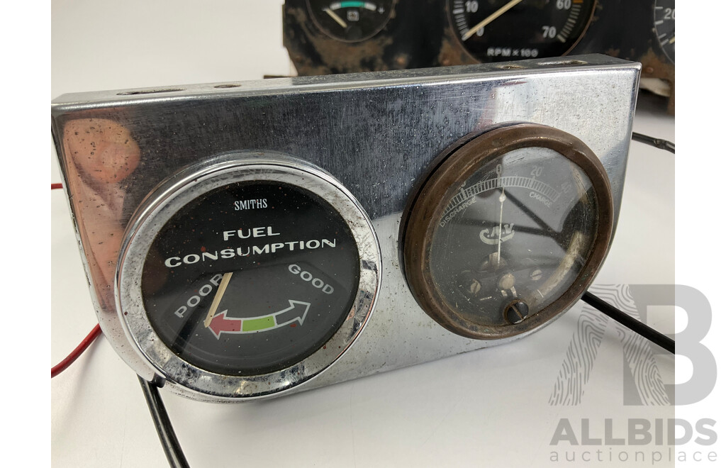 Vintage Automotive Gauges Including VDO Instrument Cluster, Tacho, Speedo, Fuel, Amps, Idiot Lights, Smiths and Schneider Vacuum