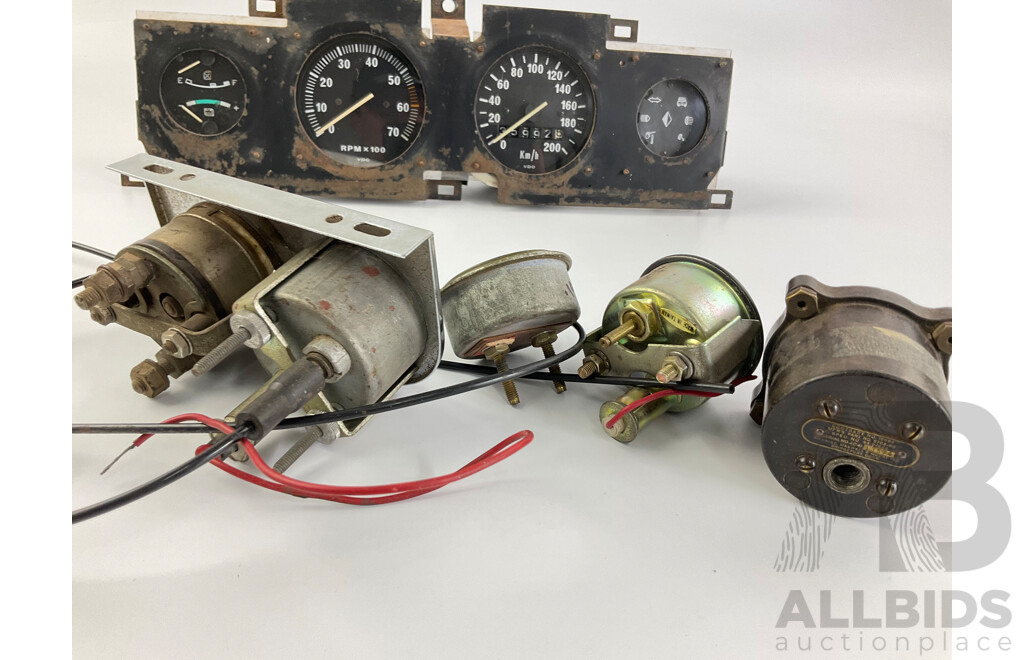Vintage Automotive Gauges Including VDO Instrument Cluster, Tacho, Speedo, Fuel, Amps, Idiot Lights, Smiths and Schneider Vacuum