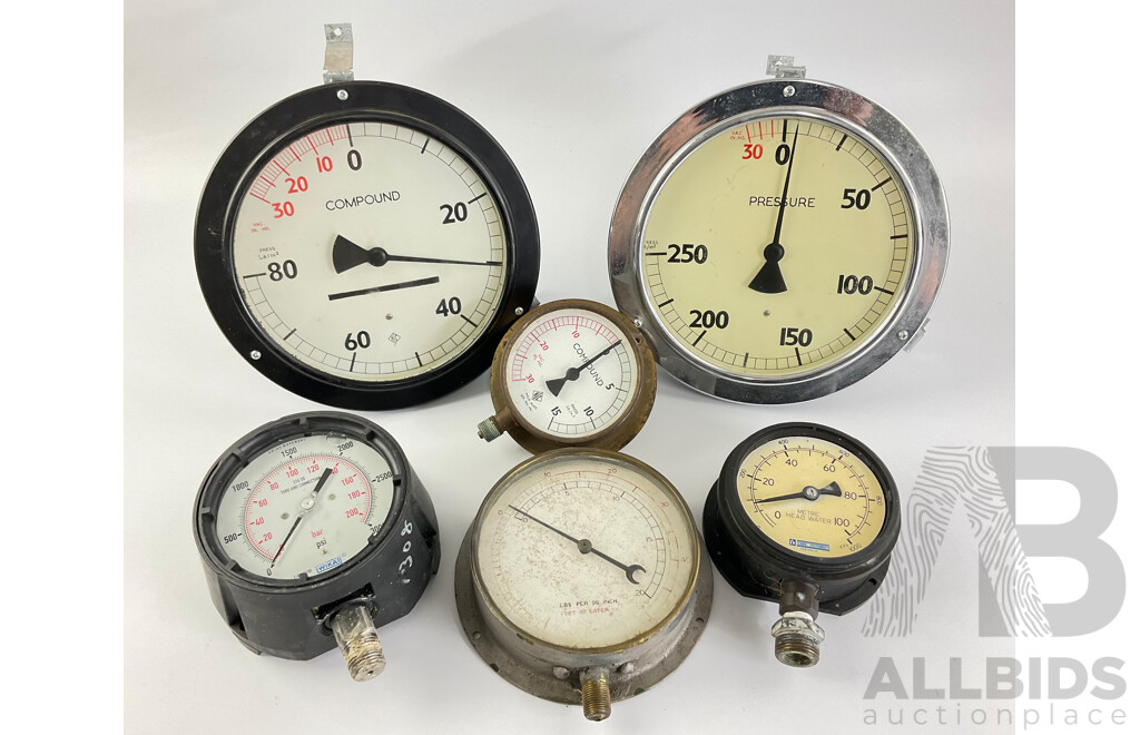 Six Large and Small Gauges Including Compound, Pressure, Vacuum, Feet of Water