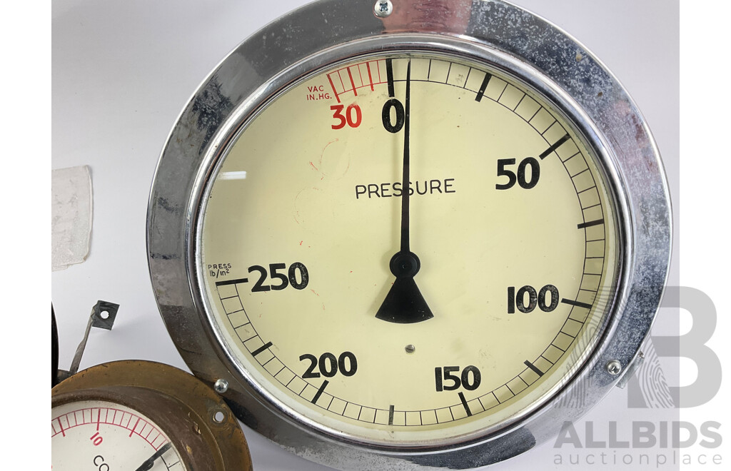 Six Large and Small Gauges Including Compound, Pressure, Vacuum, Feet of Water