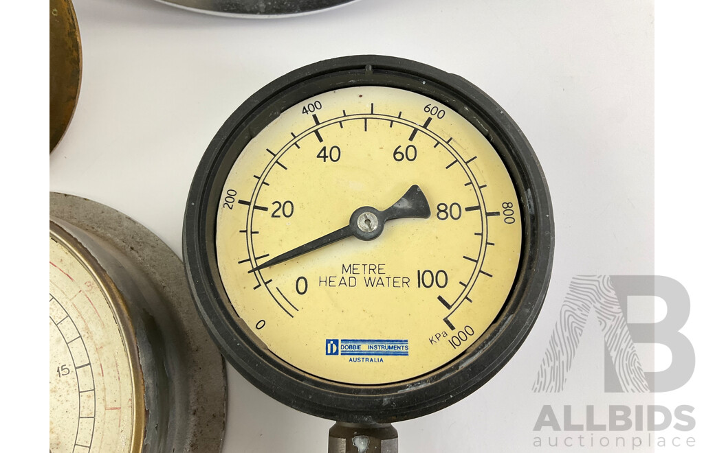 Six Large and Small Gauges Including Compound, Pressure, Vacuum, Feet of Water