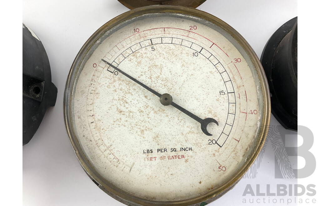 Six Large and Small Gauges Including Compound, Pressure, Vacuum, Feet of Water