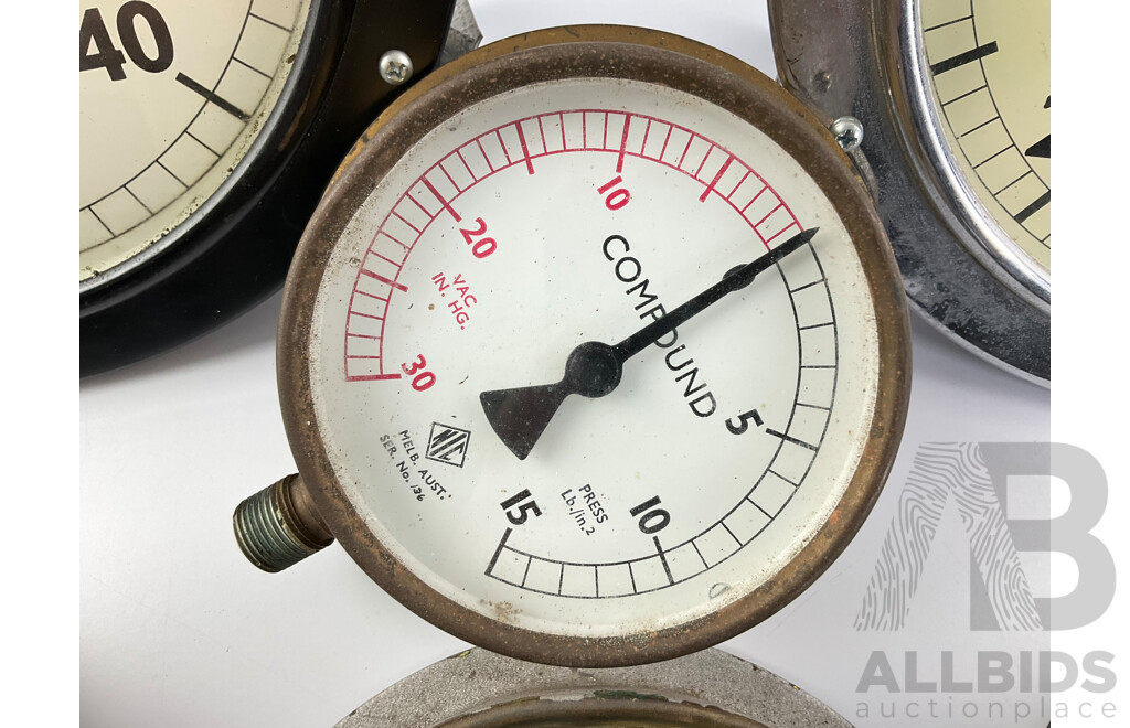 Six Large and Small Gauges Including Compound, Pressure, Vacuum, Feet of Water
