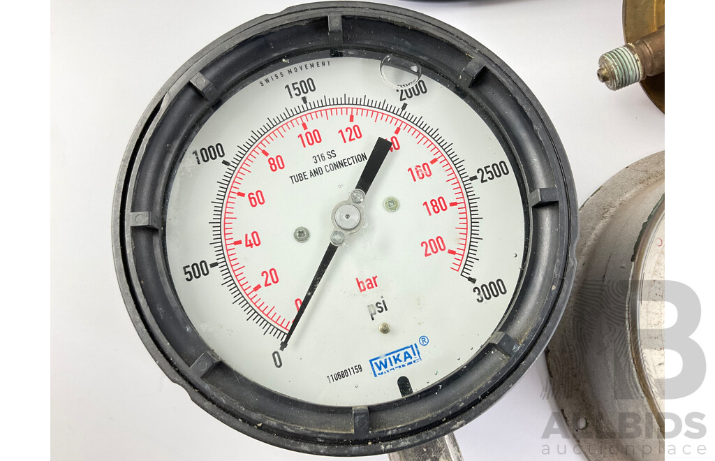 Six Large and Small Gauges Including Compound, Pressure, Vacuum, Feet of Water