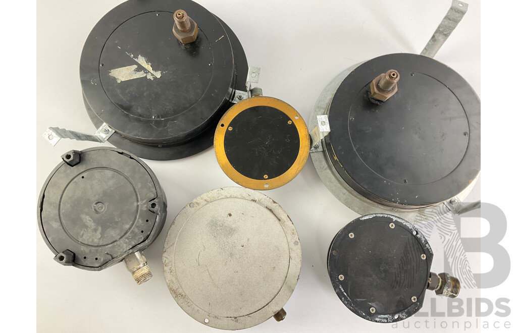 Six Large and Small Gauges Including Compound, Pressure, Vacuum, Feet of Water