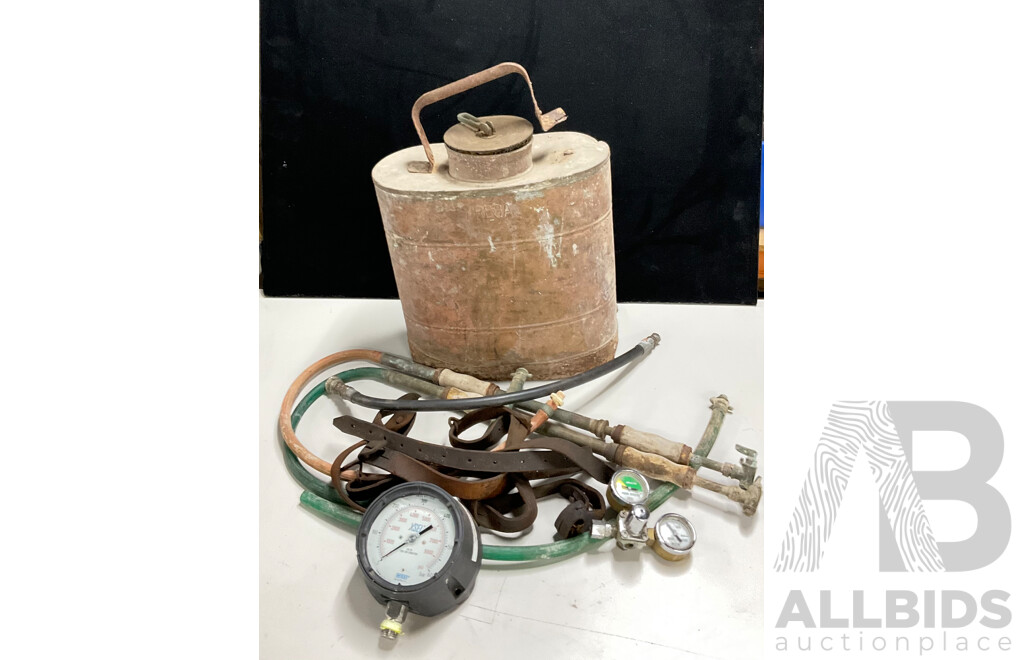 Vintage Rega Back Pack Pressure Tank and Nozzles with CIG Carbon Dioxide Gauges and Xsel Wikai Pressure Gauge
