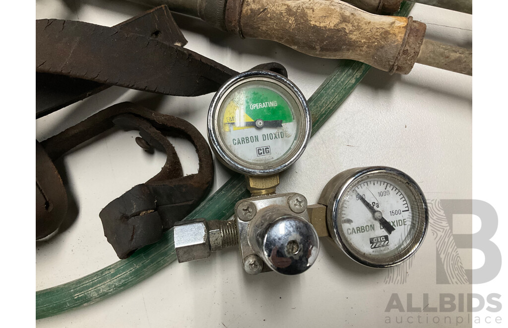 Vintage Rega Back Pack Pressure Tank and Nozzles with CIG Carbon Dioxide Gauges and Xsel Wikai Pressure Gauge