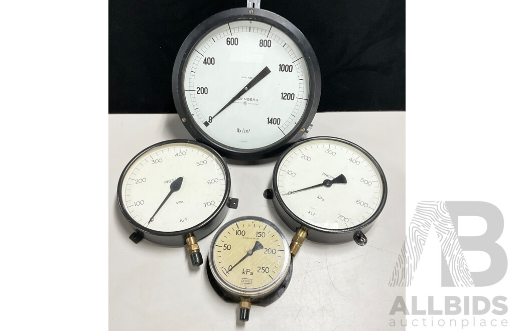 Four Large Vintage Pressure Gauges Including Dobbie, Budenberg and KLF