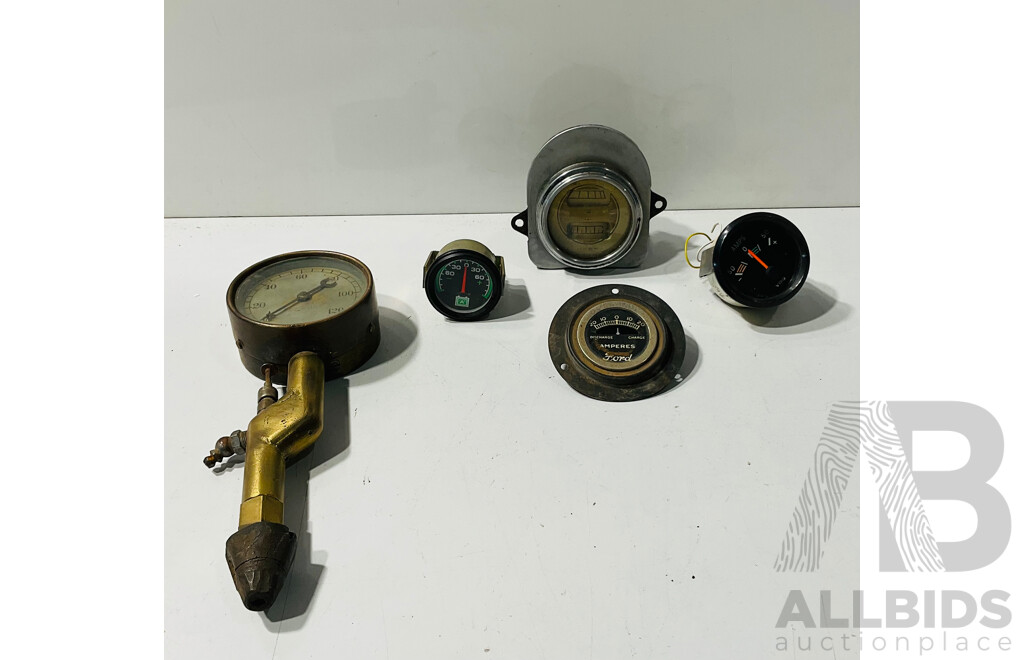 Vintage Brass Compression Tester, Early Ford and VDO Amperes Meters, Combined Oil/Fuel Gauge
