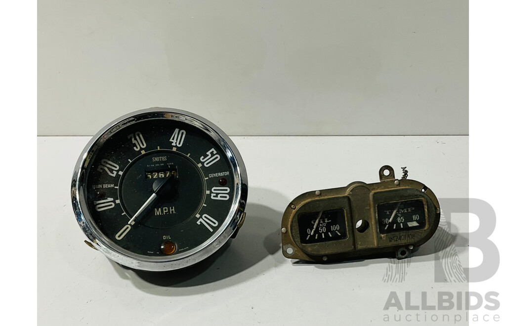 Vintage Smiths Gauges Including MPH Speedo with Main Beam, Generator, Oil Idiot Lights and Combined Oil and Temperature