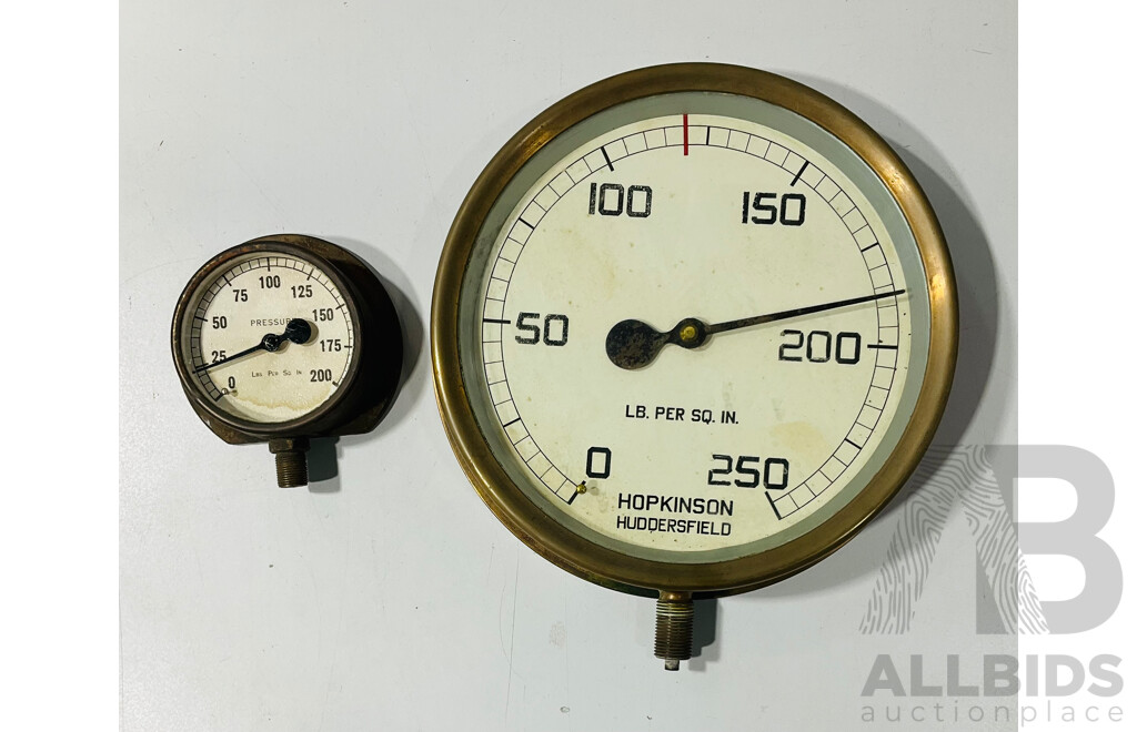 Two Vintage Brass Pressure Gauges Including Hopkinson Huddersfield, Likely Locomotive