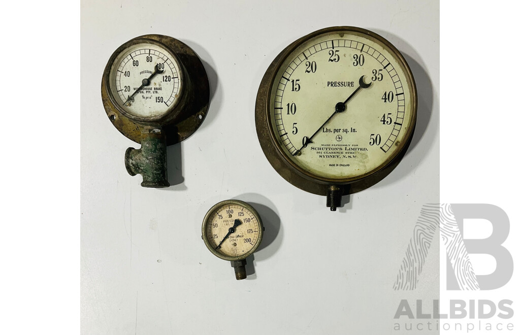 Antique Pressure Gauges Including Samson Spray Equipment Sydney, Westinghouse Brake, English Made Example for Scrutton's Limited Sydney