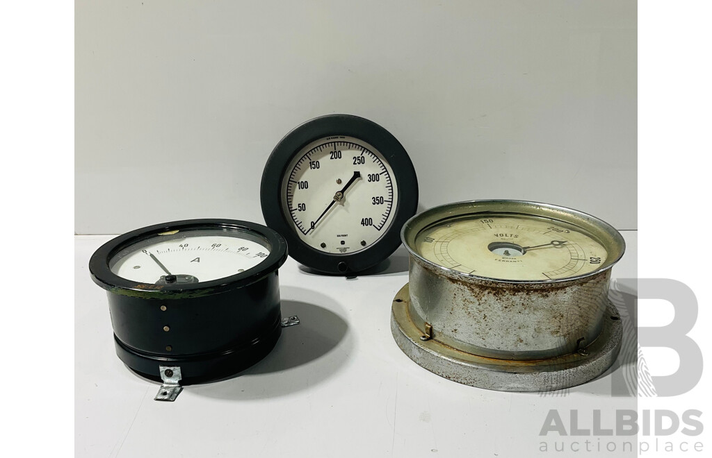 Three Large Vintage Gauges Including Siemens Amp Meter, Ferranti Volt Meter, Solfrunt Pressure