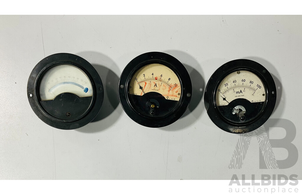 Three Vintage Bakelite Electrical Gauges Including Amps, Milliamps and Volts
