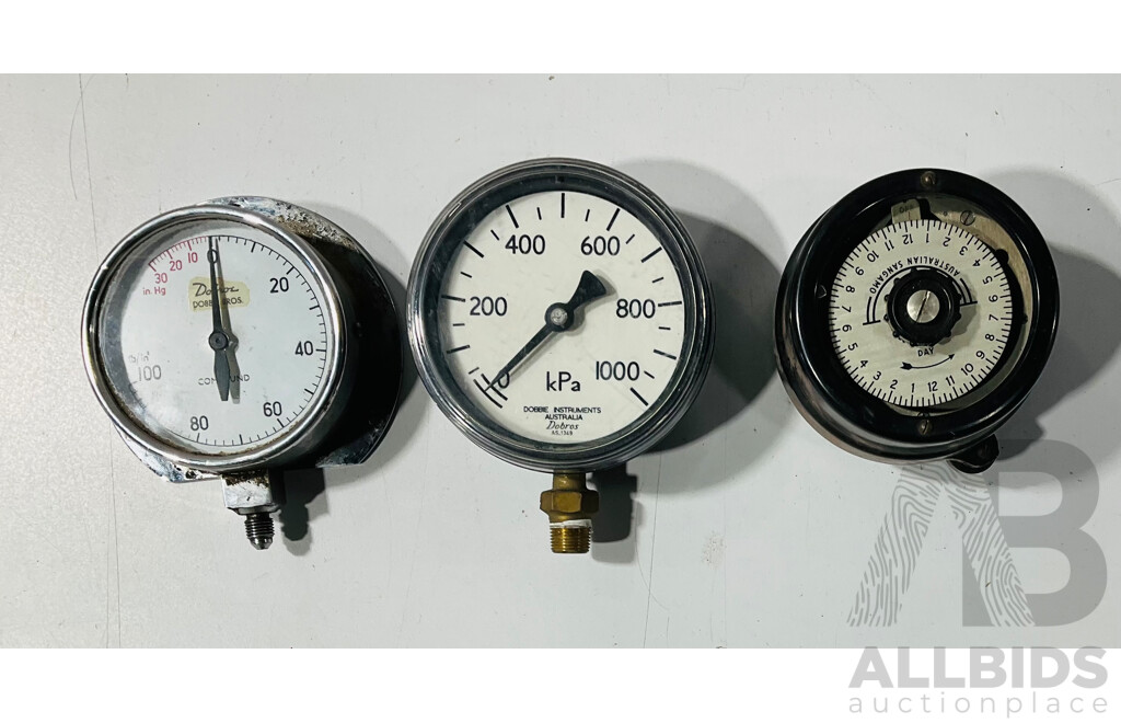 Two Dobbie Instruments Vacuum/Pressure Gauges with Vintage Australian Bakelite Sangamo Timer Switch