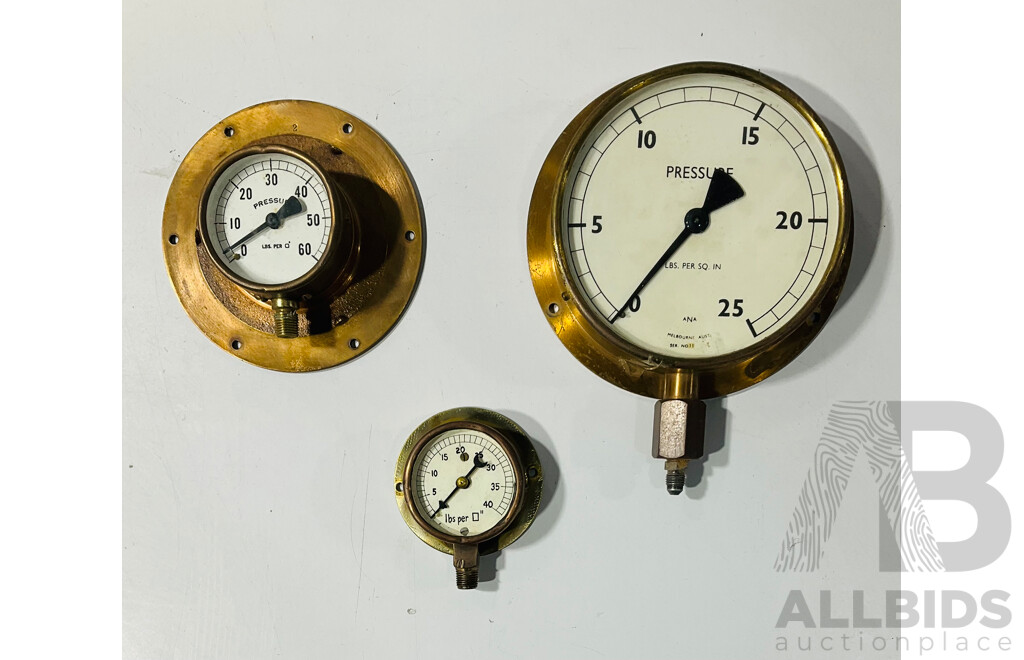 Three Antique Brass Body Pressure Gauges Including ANA Melbourne Australia