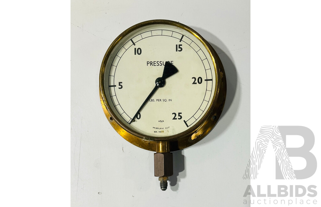 Three Antique Brass Body Pressure Gauges Including ANA Melbourne Australia
