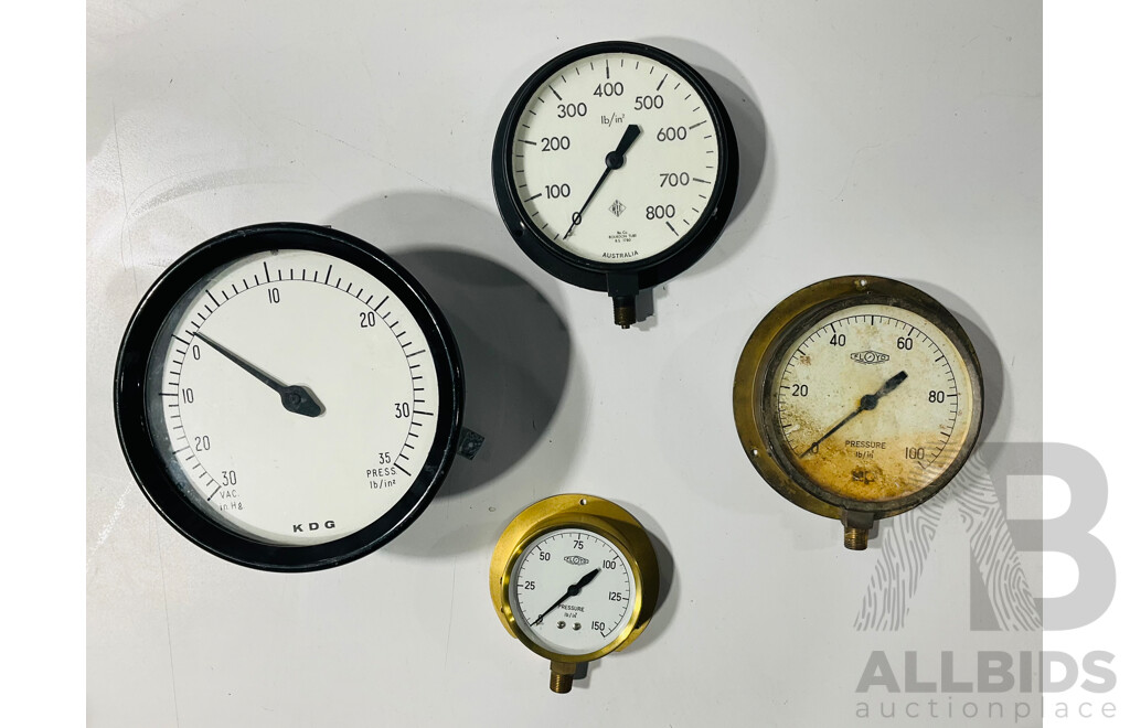 Four Vintage Gauges Including Floyd Australia Pressure, KDG Vacuum, Bourdon Tube Pressure