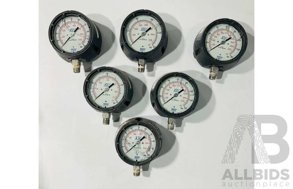 Six Wika Tube and Connection PSI/BAR Pressure Gauges, Swiss Movement
