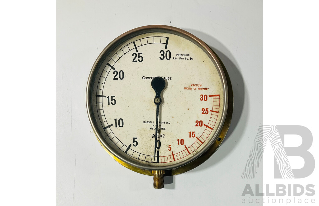 Antique Brass Body Russell & Russell Vacuum/Pressure Gauge