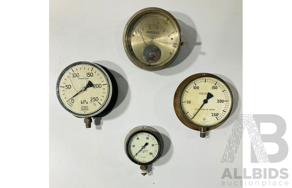 Antique and Vintage Australian Gauges Including W. Watson & Sons Ampres, Feet Head of Water NIC Brass Body and Budenberg, Doobie Glycerine Filled KPA