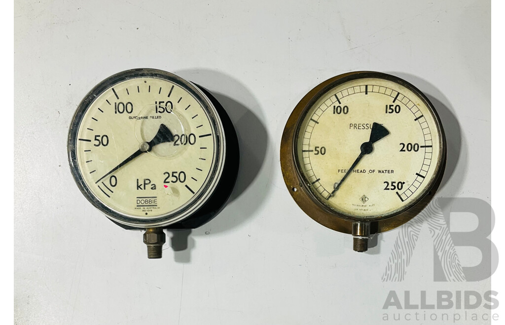 Antique and Vintage Australian Gauges Including W. Watson & Sons Ampres, Feet Head of Water NIC Brass Body and Budenberg, Doobie Glycerine Filled KPA