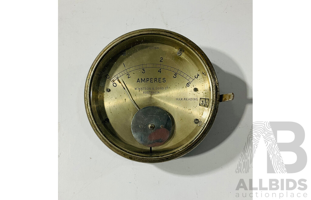 Antique and Vintage Australian Gauges Including W. Watson & Sons Ampres, Feet Head of Water NIC Brass Body and Budenberg, Doobie Glycerine Filled KPA