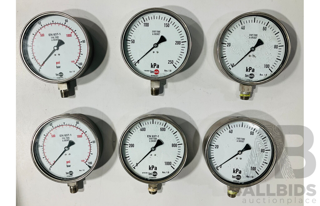 Six Techsis Tube and Socket Pressure Gauges KPA, PSI, BAR