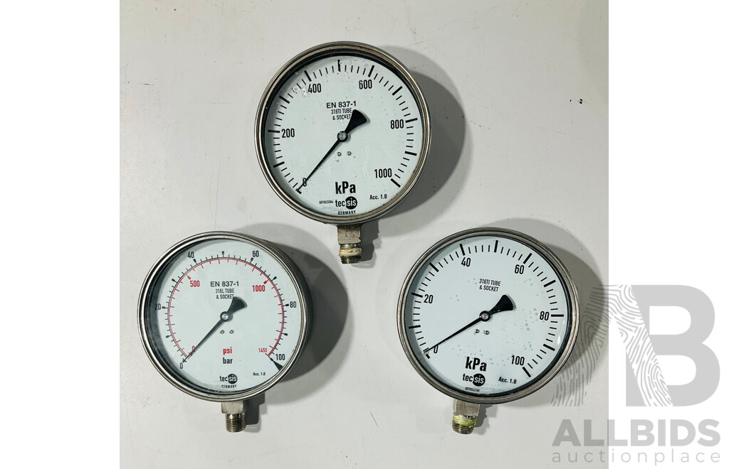 Six Techsis Tube and Socket Pressure Gauges KPA, PSI, BAR