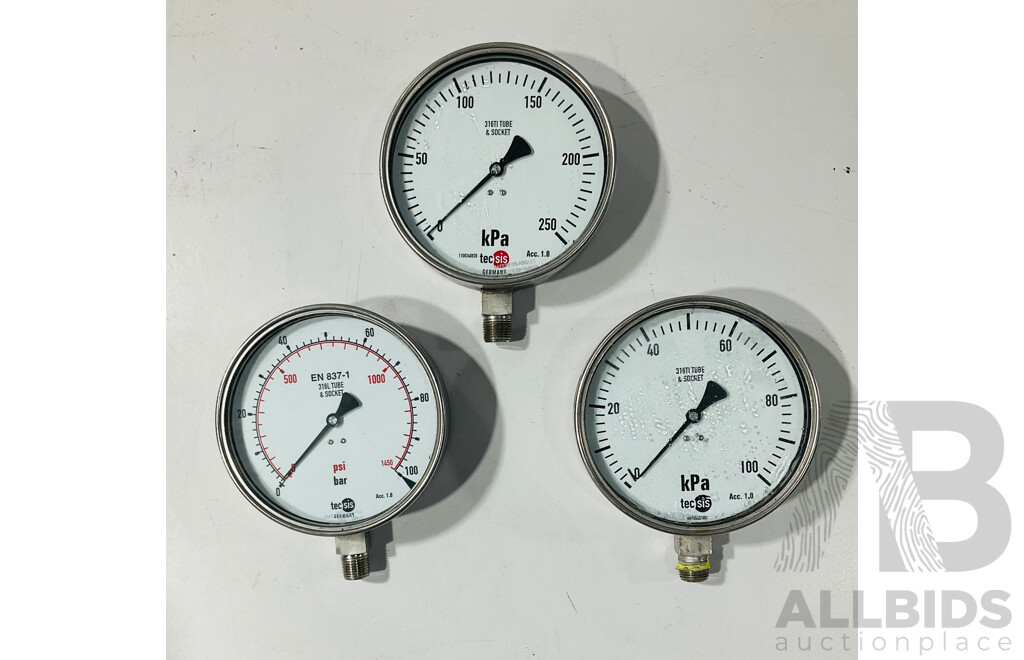 Six Techsis Tube and Socket Pressure Gauges KPA, PSI, BAR