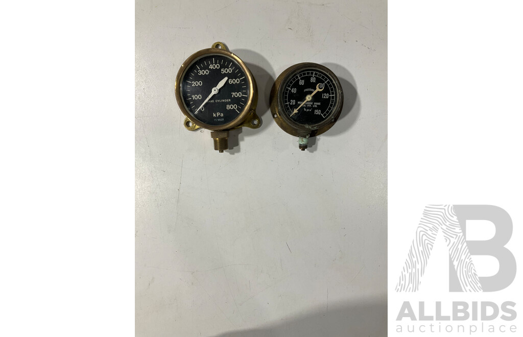 Two Vintage Brake Pressure Gauges, Westinghouse and Brass Body Example