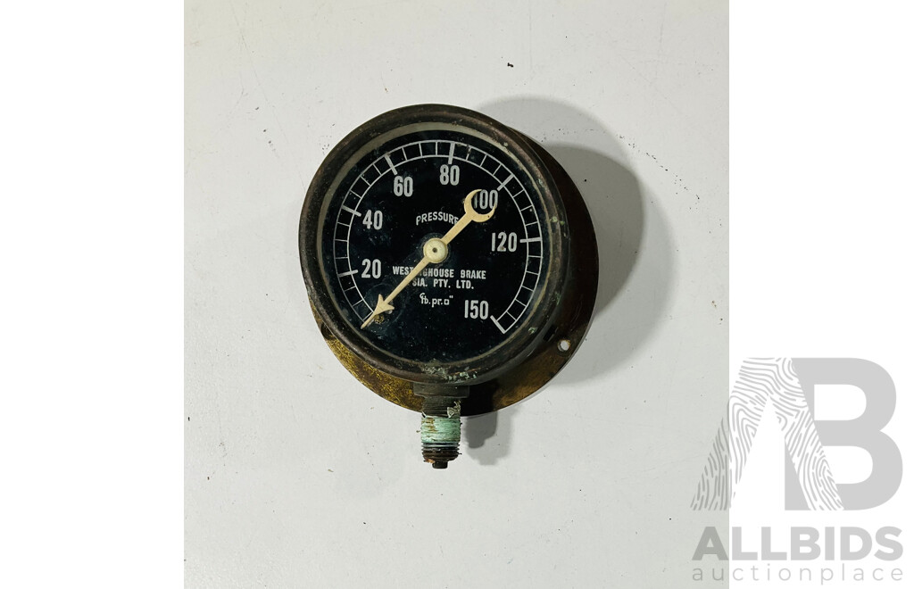 Two Vintage Brake Pressure Gauges, Westinghouse and Brass Body Example