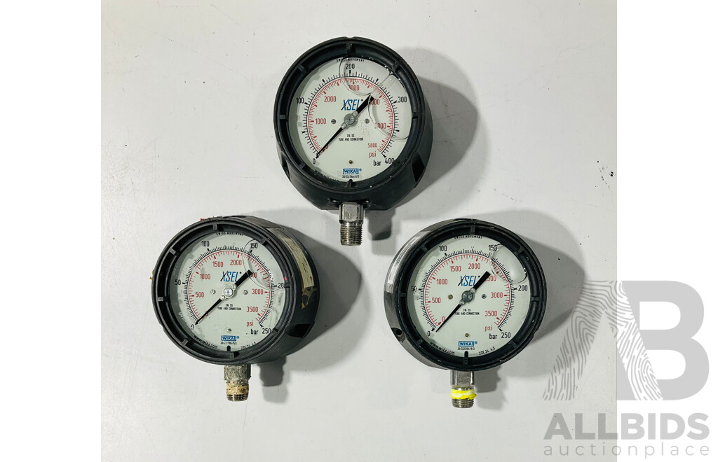 Eight Large Wika Xsel Liquid Filled Tube and Connection Pressure Gauges, PSI and Bar, Swiss Movement with Three Smaller Examples