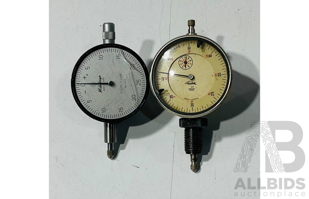 Two Vintage Dial Indicators, Mitutoyo, Made in Japan and German Example
