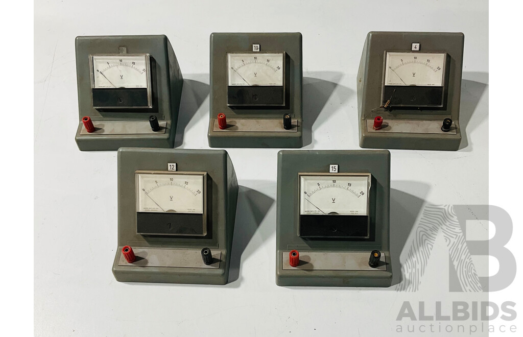 Five Vintage Lab Bench Volt Meters, 0 to 20 Volt