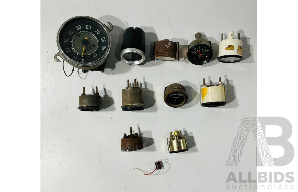 Collection of Automotive Gauges Including VDO Speedometer, SAAS Tachometer, Smiths Oil and Petrol, Fuel, Vacuum, Amperes, Oil Pressure