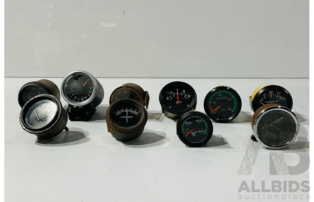Collection of Automotive Gauges Including VDO Speedometer, SAAS Tachometer, Smiths Oil and Petrol, Fuel, Vacuum, Amperes, Oil Pressure