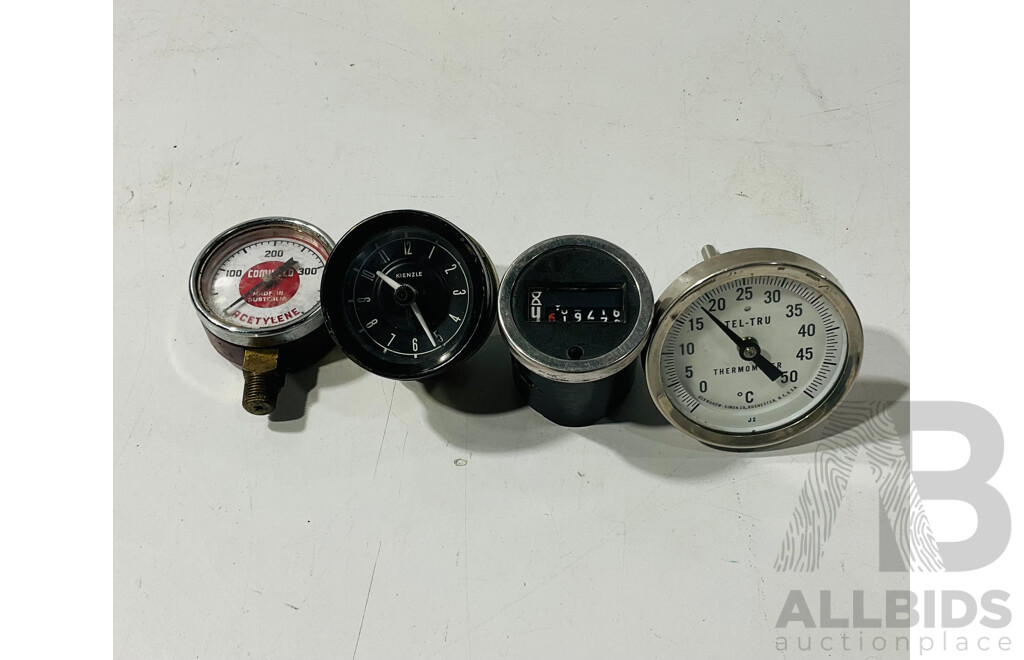 Vintage Kienzle Dashboard Clock, Operational Hour Gauge, Tel-Tru Temp, Comweld Pressure Gauges