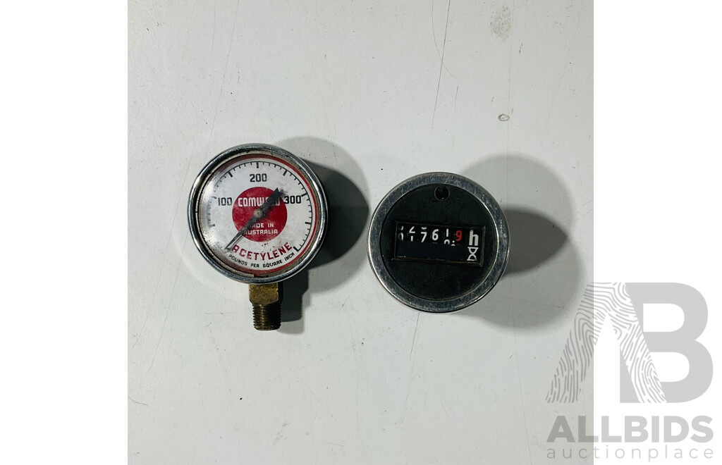 Vintage Kienzle Dashboard Clock, Operational Hour Gauge, Tel-Tru Temp, Comweld Pressure Gauges